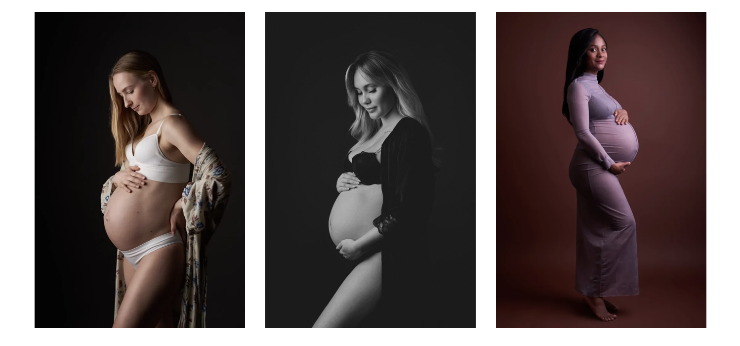 Collage med tre graviditetsfoto side om side af gravide kvinder i hvid lingeri, sort top og lilla kjole mod grå baggrunde